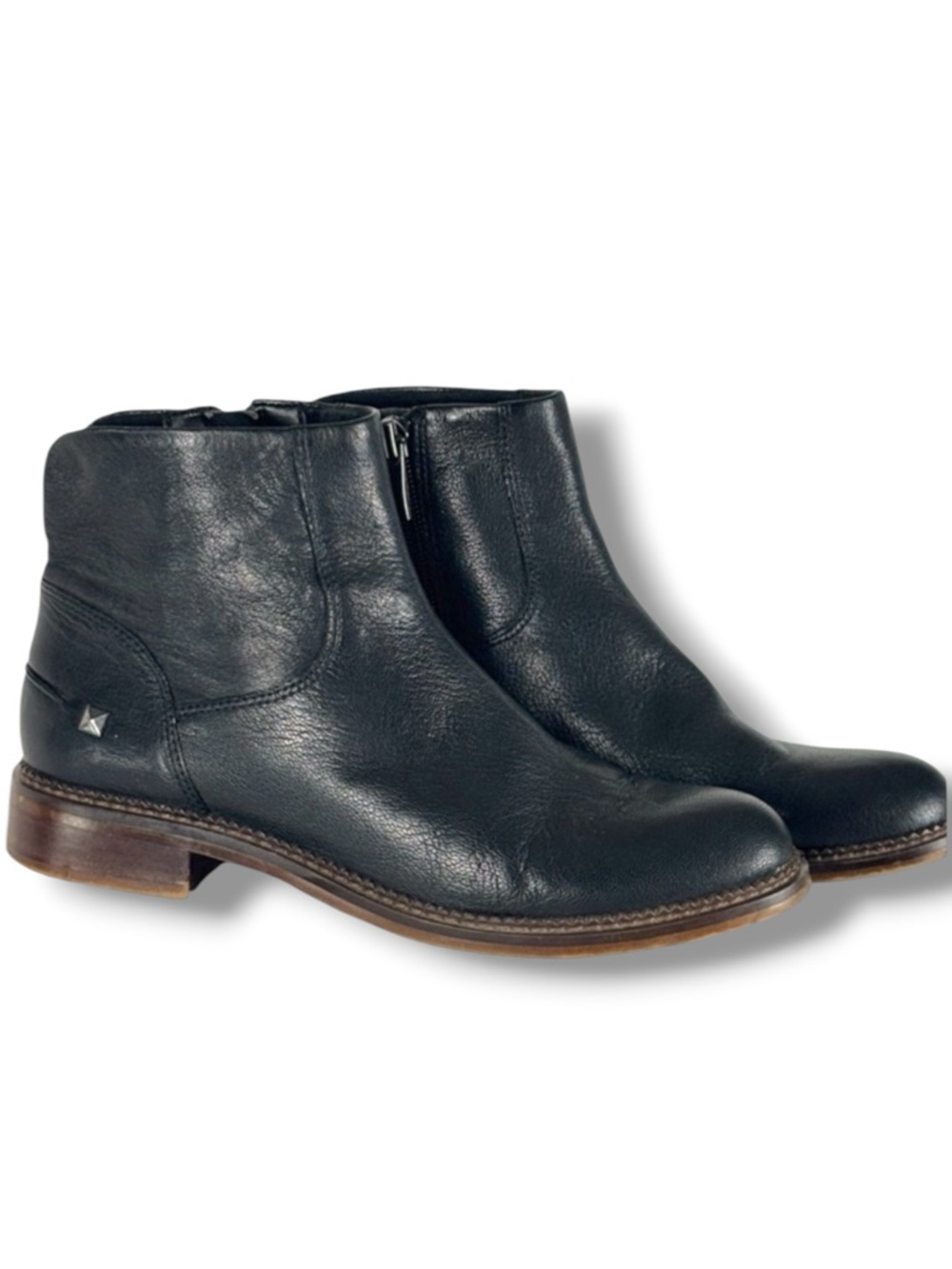 Franco Sarto Hero Black Leather Ankle Boots Side Zip Low Block Heel 6.5